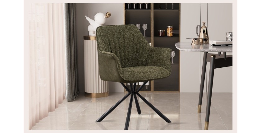 Chaise 'LUCIA' Bouclé Vert Dos PU Vert foncé, dimension H82.5 x L62 x P63, idéal pour votre cuisine ou salle à manger