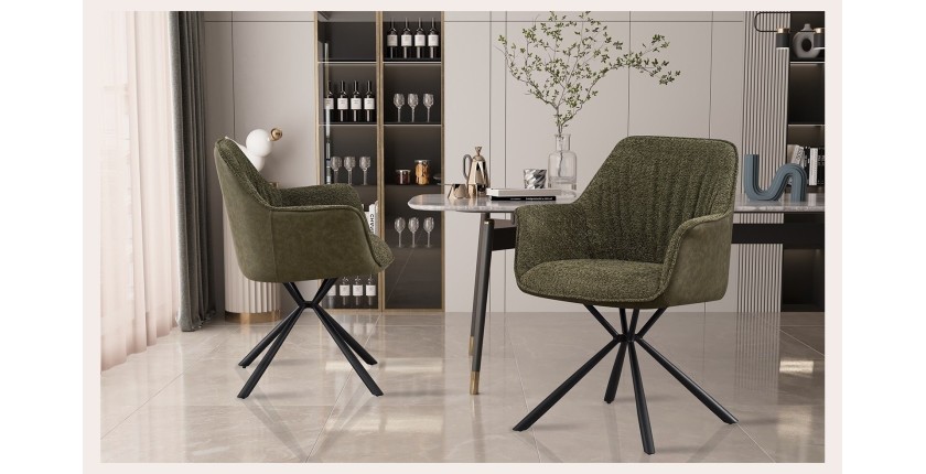 Chaise 'LUCIA' Bouclé Vert Dos PU Vert foncé, dimension H82.5 x L62 x P63, idéal pour votre cuisine ou salle à manger