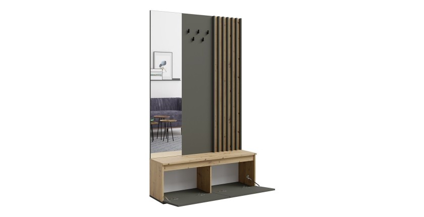 Meuble d'entrée design avec rangements, porte manteau et miroir intégré collection NEMO coloris gris et chêne