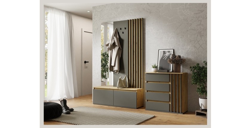Ensemble de meubles d'entrée collection NEMO coloris chêne et gris. Meuble à chaussure, commode, miroir et penderie.