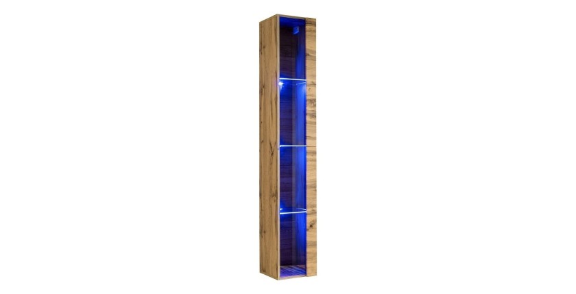 Vitrine suspendue coloris chêne Wotan avec 1 porte vitrée et éclairage LED inclus. Collection SWITCH.