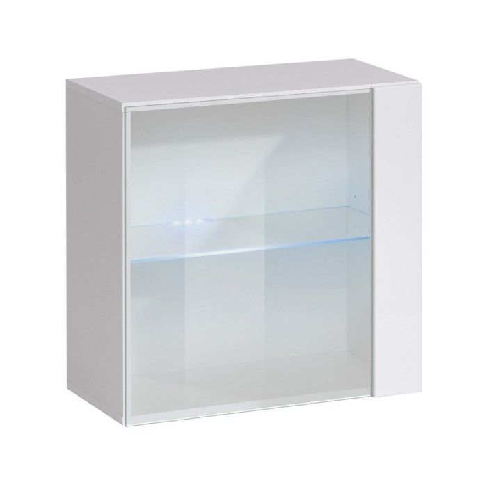 Vitrine blanche carrée suspendue avec 1 porte vitrée et éclairage LED inclus. Collection SWITCH.