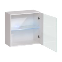 Vitrine blanche carrée suspendue avec 1 porte vitrée et éclairage LED inclus. Collection SWITCH.