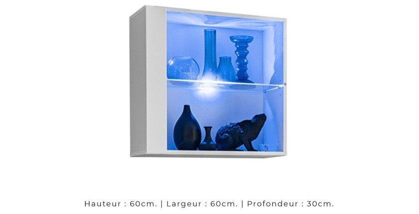 Vitrine blanche carrée suspendue avec 1 porte vitrée et éclairage LED inclus. Collection SWITCH.