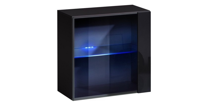 Vitrine noire carrée suspendue avec 1 porte vitrée et éclairage LED inclus. Collection SWITCH.