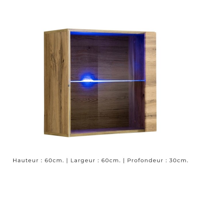 Vitrine carrée suspendue coloris chêne clair avec 1 porte vitrée et éclairage LED inclus. Collection SWITCH.