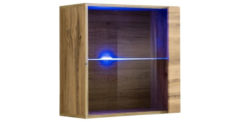 Vitrine carrée suspendue coloris chêne clair avec 1 porte vitrée et éclairage LED inclus. Collection SWITCH.