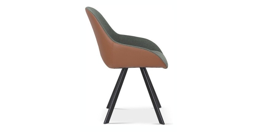 Chaise JEANNE Tissu Vert Dos PU Cognac, dimension H85 x L55 x P62, idéal pour votre cuisine ou salle à manger