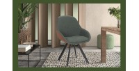 Chaise JEANNE Tissu Vert Dos PU Cognac, dimension H85 x L55 x P62, idéal pour votre cuisine ou salle à manger