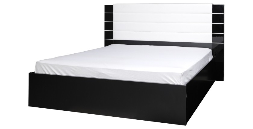 Lit adulte design 140x200 collection LINA noir et blanc brillant + tête de lit en simili cuir