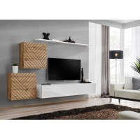 Ensemble de meubles design de salon SWITCH V, coloris chêne et blanc finitions chêne fraisé et blanc brillant.