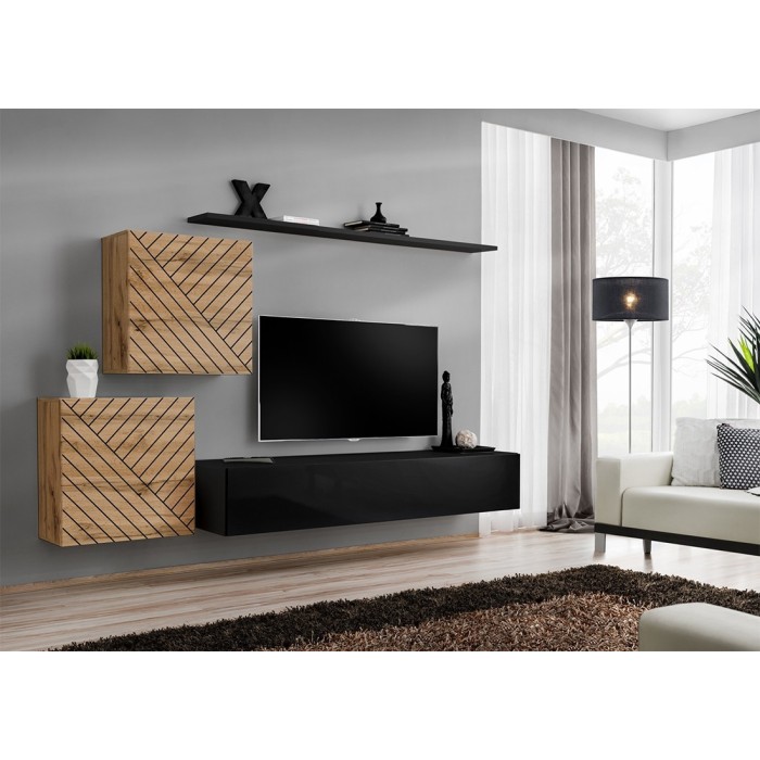 Ensemble de meubles design de salon SWITCH V, coloris chêne et noir finitions chêne fraisé et noir brillant.