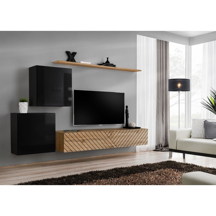 Ensemble de meubles design de salon SWITCH V, coloris noir et chêne. Finitions noir brillant et chêne fraisé.