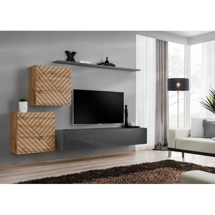 Ensemble de meubles design de salon SWITCH V, coloris chêne et gris finitions chêne fraisé et gris brillant.