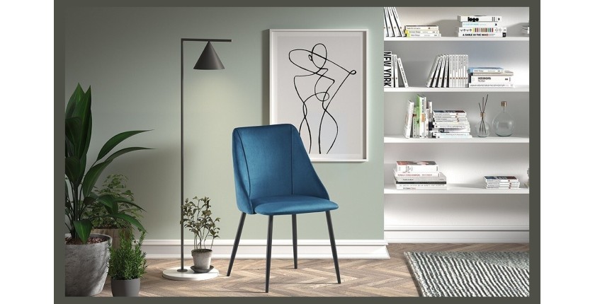 Chaise MARIA Velours Bleu, dimensions: H84 x L47 x P54 cm, idéal pour une salle a manger design et moderne