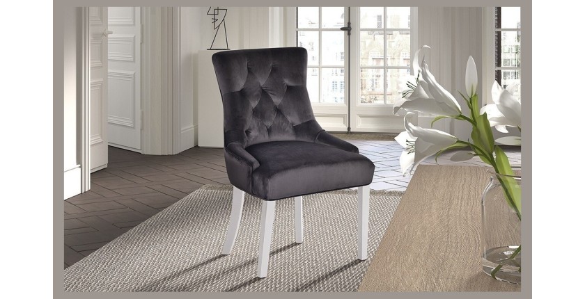 Chaise ROYA Velours Gris, pieds blancs en bois, dimension H93 x L57 x P60 cm, idéal pour votre cuisine ou salle à manger