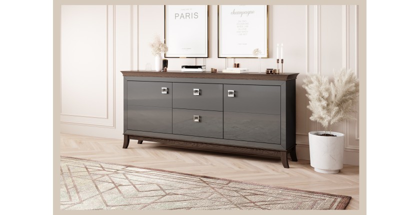 Buffet chic 180cm pour salon coloris gris et chêne foncé collection PALACE.