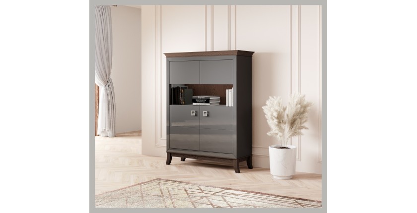 Buffet haut design 2 portes pour salon couleur gris et chêne foncé, collection PALACE