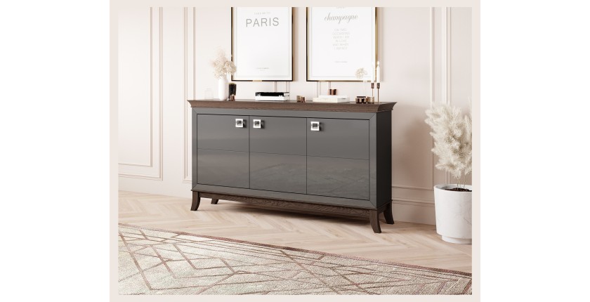 Buffet design 160cm pour salon couleur gris et chêne foncé, collection PALACE.