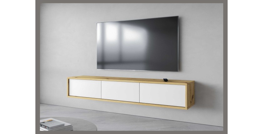 Meuble TV 180cm collection MAANUM. Couleur chêne clair et blanc.