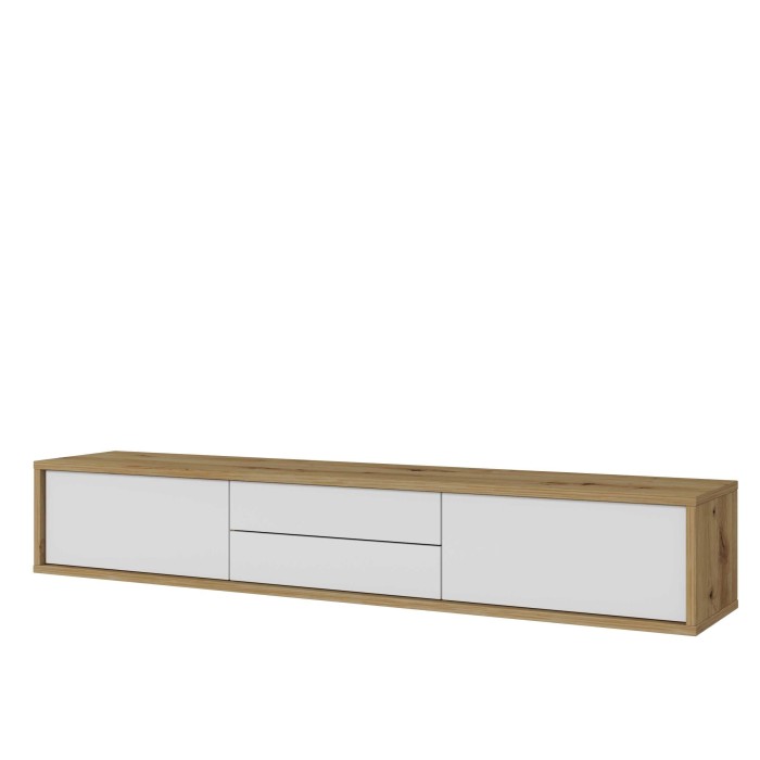 Meuble TV 180cm, 2 tiroirs et 2 portes collection MAANUM. Couleur chêne clair et blanc.