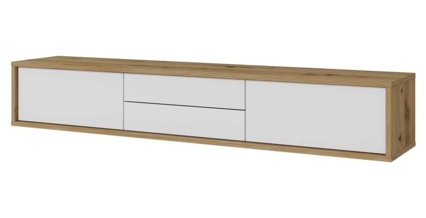 Meuble TV 180cm, 2 tiroirs et 2 portes collection MAANUM. Couleur chêne clair et blanc.