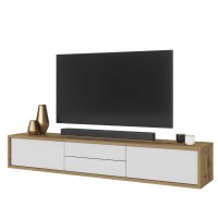 Meuble TV 180cm, 2 tiroirs et 2 portes collection MAANUM. Couleur chêne clair et blanc.