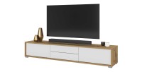 Meuble TV 180cm, 2 tiroirs et 2 portes collection MAANUM. Couleur chêne clair et blanc.