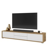 Meuble TV 180cm, 2 tiroirs et 2 portes collection MAANUM. Couleur chêne clair et blanc.