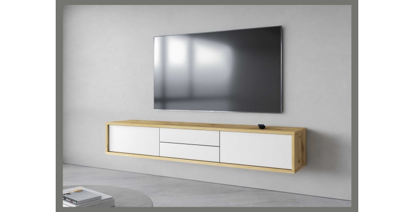 Meuble TV 180cm, 2 tiroirs et 2 portes collection MAANUM. Couleur chêne clair et blanc.