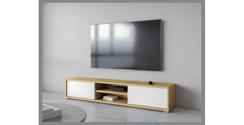 Meuble TV 180cm, 2 portes et 2 niches collection MAANUM. Couleur chêne clair et blanc.