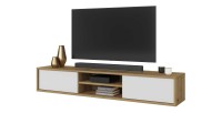 Meuble TV 180cm, 2 portes et 2 niches collection MAANUM. Couleur chêne clair et blanc.