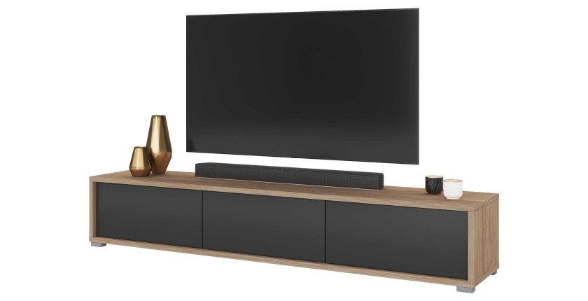 Meuble TV 180cm collection MAANUM. Couleur chêne clair et gris.