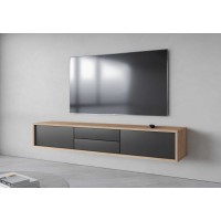 Meuble TV 180cm, 2 tiroirs et 2 portes collection MAANUM. Couleur chêne clair et gris.