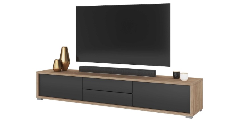 Meuble TV 180cm, 2 tiroirs et 2 portes collection MAANUM. Couleur chêne clair et gris.