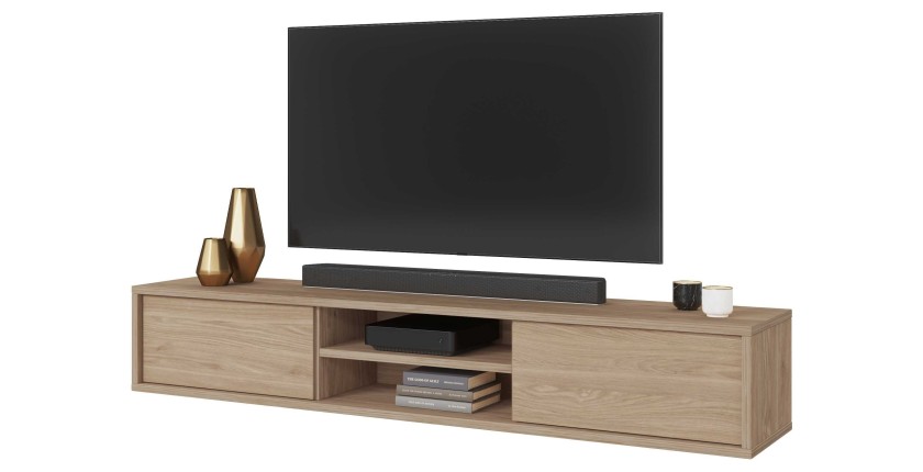 Meuble TV 180cm, 2 portes et 2 niches collection MAANUM. Couleur chêne clair.