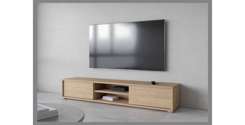 Meuble TV 180cm, 2 portes et 2 niches collection MAANUM. Couleur chêne clair.