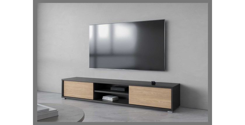 Meuble TV 180cm, 2 portes et 2 niches collection MAANUM. Couleur gris et chêne clair.