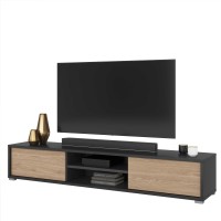 Meuble TV 180cm, 2 portes et 2 niches collection MAANUM. Couleur gris et chêne clair.