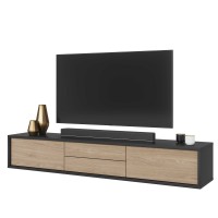 Meuble TV 180cm, 2 tiroirs et 2 portes collection MAANUM. Couleur gris et chêne clair.