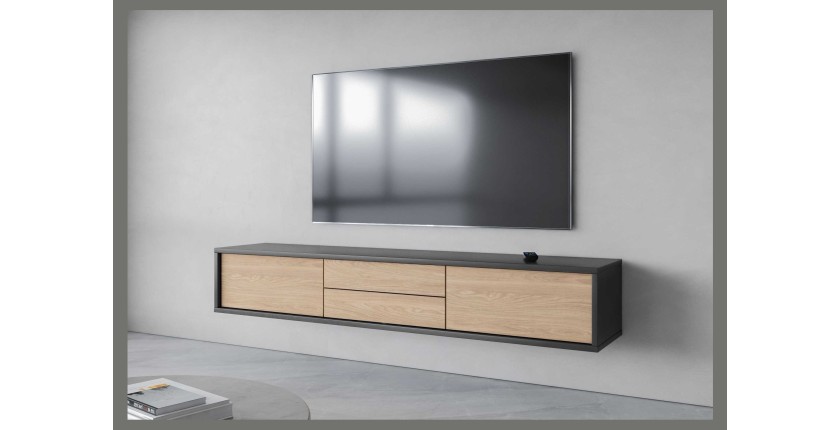 Meuble TV 180cm, 2 tiroirs et 2 portes collection MAANUM. Couleur gris et chêne clair.