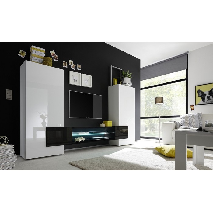 Meuble TV XL 260cm avec 2 bibliothèques intégrées collection INCANTO. Coloris blanc et noir laqué.