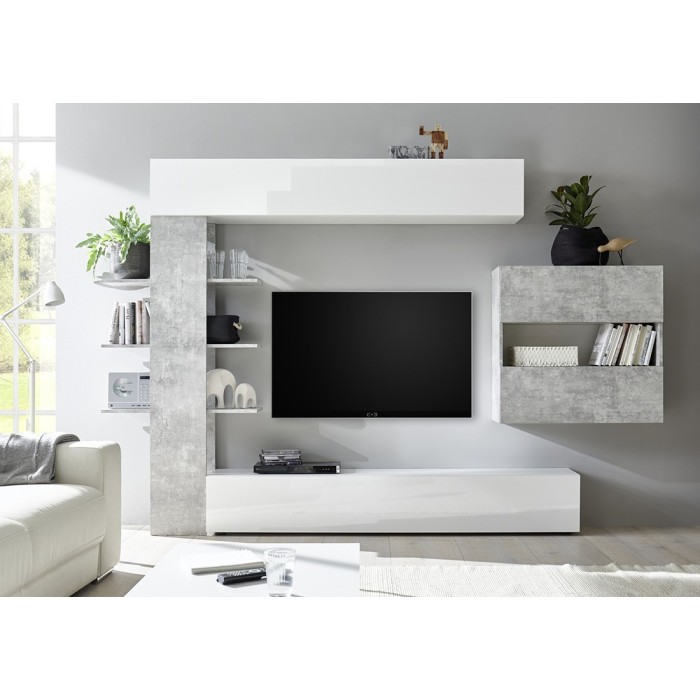 Ensemble de meubles de salon design avec nombreux rangements collection VASCO. Coloris blanc laqué et gris effet béton.