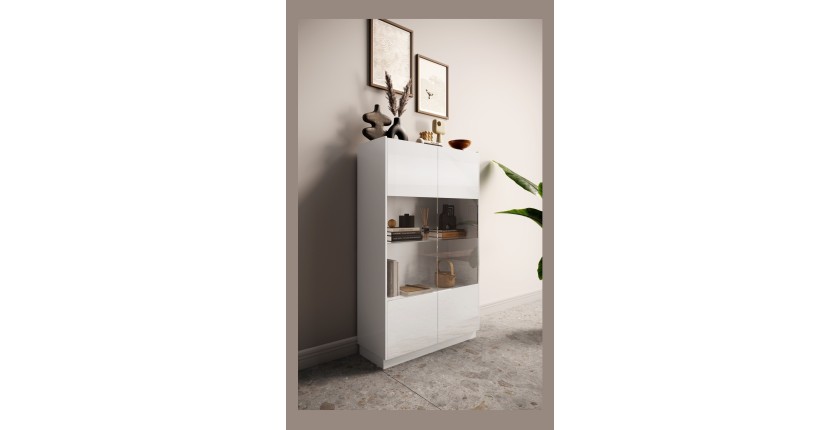 Vitrine design 2 portes collection FANZY. Coloris blanc laqué \ chêne, idéal pour une salle a manger unique