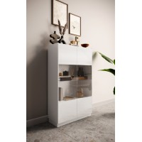 Vitrine design 2 portes collection FANZY. Coloris blanc laqué \ chêne, idéal pour une salle a manger unique