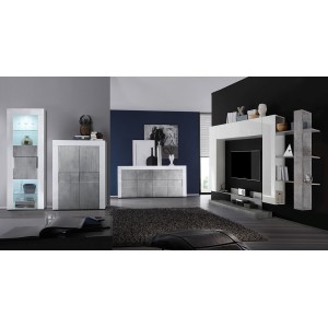 Ensemble de meubles de salon design avec nombreux rangements collection KALO. Coloris blanc laqué et gris effet béton