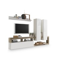 Ensemble de meubles de salon design avec nombreux rangements collection BURA. Coloris blanc laqué et bois clair