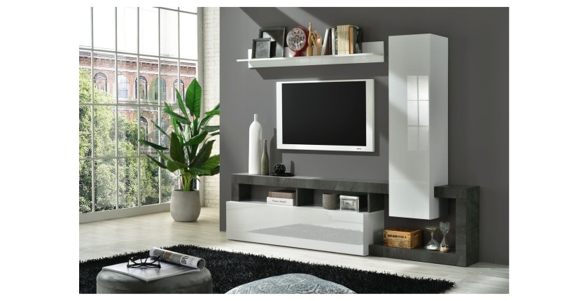 Ensemble de meubles de salon design avec nombreux rangements 220cm collection BURA. Coloris blanc laqué et gris anthracite