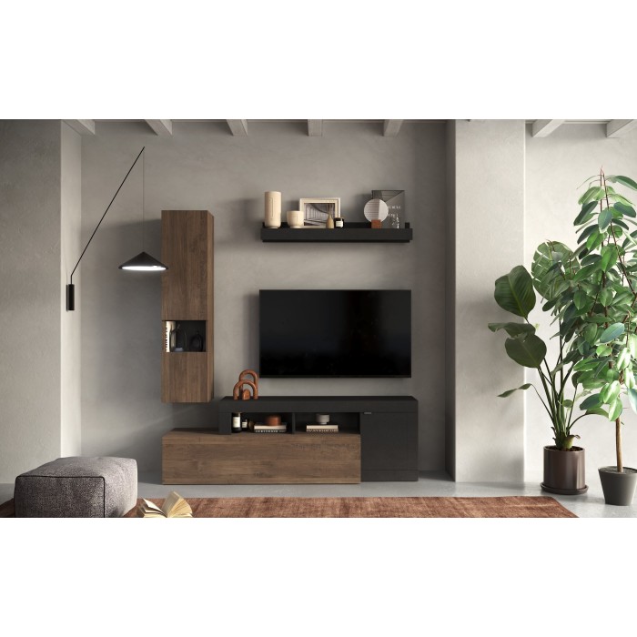 Ensemble de meubles de salon collection FREDO avec tiroir et 2 portes. Coloris noir et chêne foncé