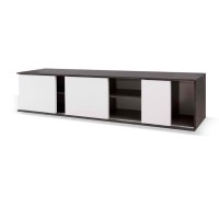 Meuble TV 160cm avec portes coulissantes collection BELFORT coloris noir effet bois et blanc.